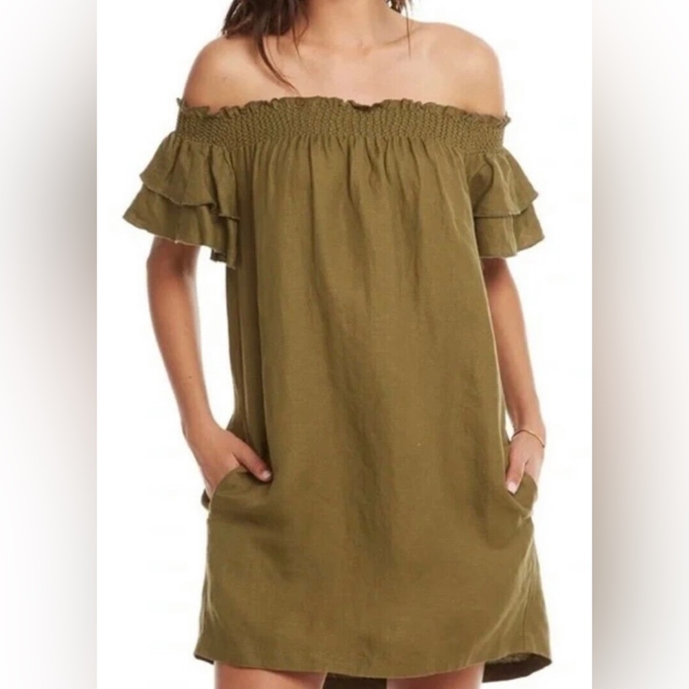 CHASER SAGE GREEN COTTON LINEN OFF THE SHOULDER MINI DRESS SIZE MEDIUM